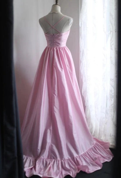 A-Line Spaghetti Strap Satin Long Wedding Dress Birthday Quinceanera Dress Prom Dress ED01712