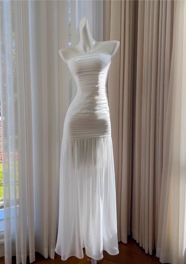 White Bodycon Dress Strapless Chiffon Long Prom Dress Simple Evening Dress ED01714