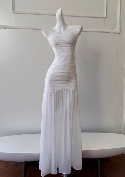 White Bodycon Dress Strapless Chiffon Long Prom Dress Simple Evening Dress ED01714