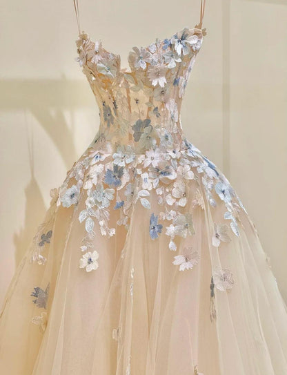Simple Champagne A-Line Spaghetti Straps Tulle Applique Long Prom Dress Sweet Wedding Dress ED01718