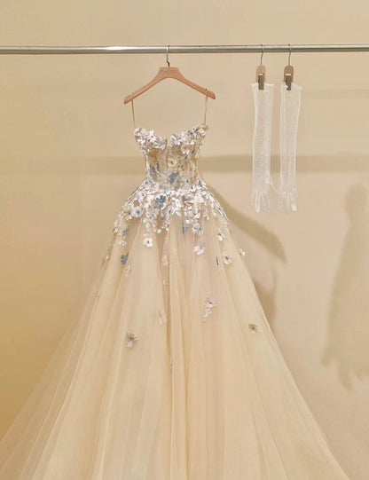 Simple Champagne A-Line Spaghetti Straps Tulle Applique Long Prom Dress Sweet Wedding Dress ED01718