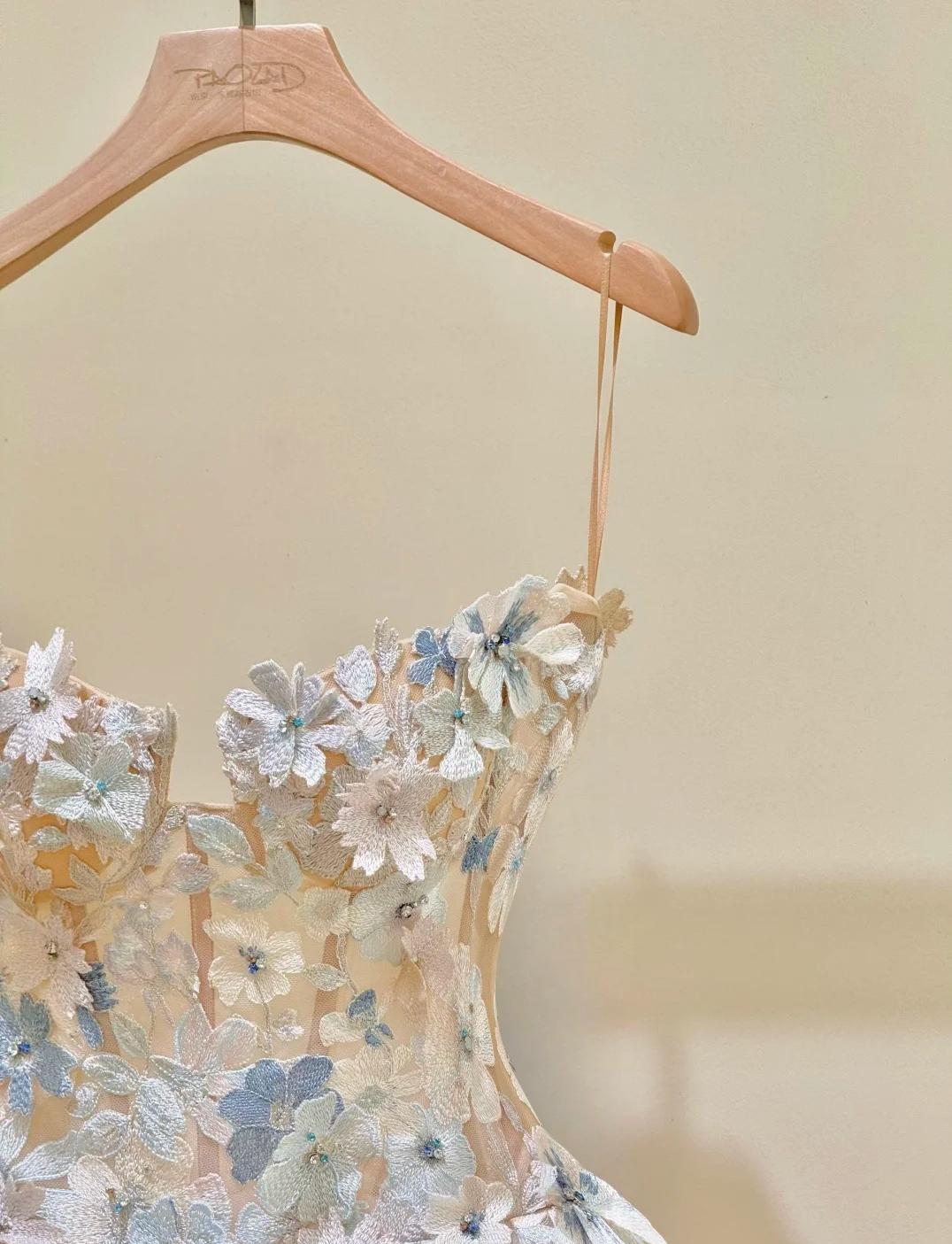 Simple Champagne A-Line Spaghetti Straps Tulle Applique Long Prom Dress Sweet Wedding Dress ED01718