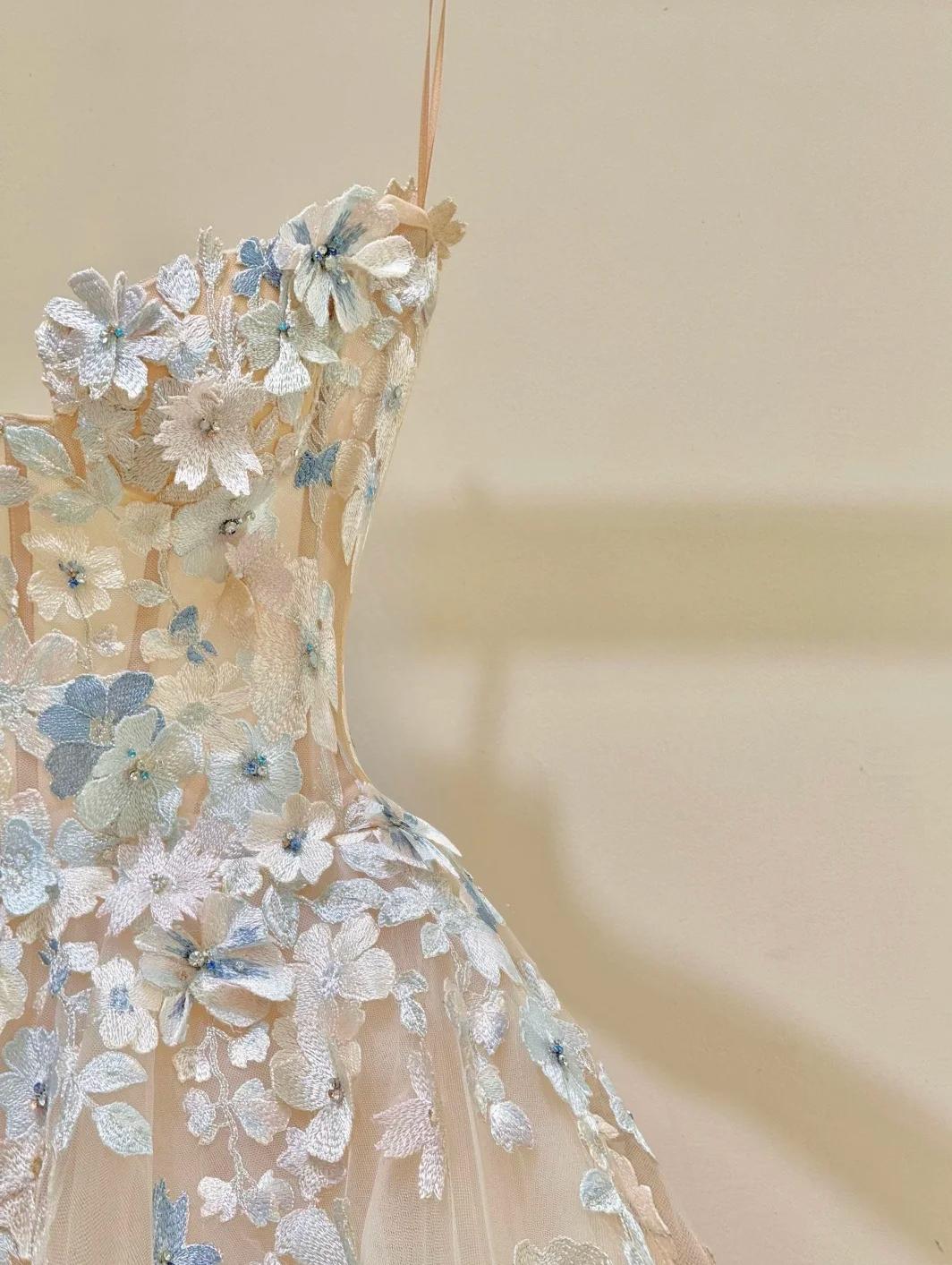 Simple Champagne A-Line Spaghetti Straps Tulle Applique Long Prom Dress Sweet Wedding Dress ED01718