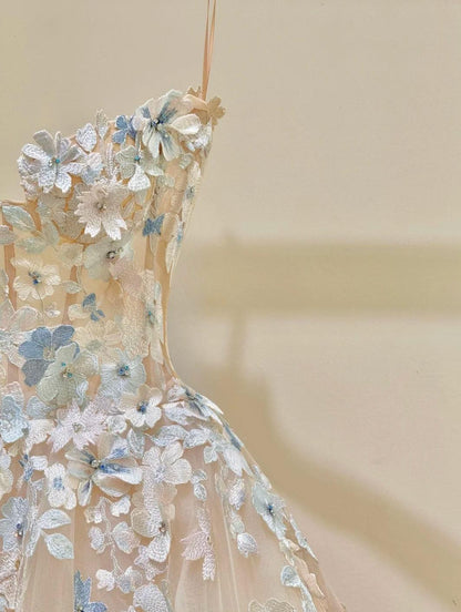 Simple Champagne A-Line Spaghetti Straps Tulle Applique Long Prom Dress Sweet Wedding Dress ED01718