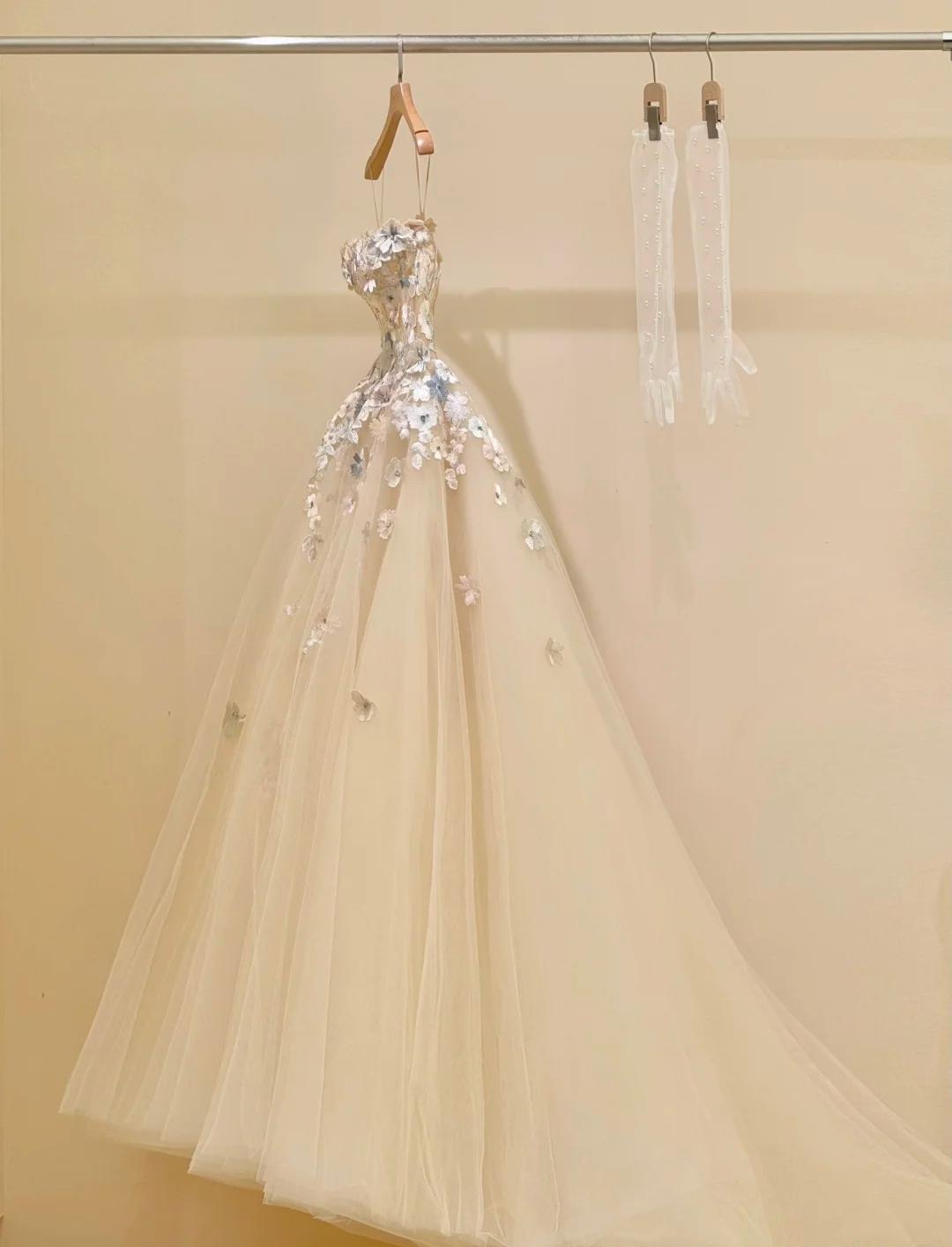 Simple Champagne A-Line Spaghetti Straps Tulle Applique Long Prom Dress Sweet Wedding Dress ED01718