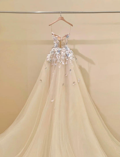 Simple Champagne A-Line Spaghetti Straps Tulle Applique Long Prom Dress Sweet Wedding Dress ED01718