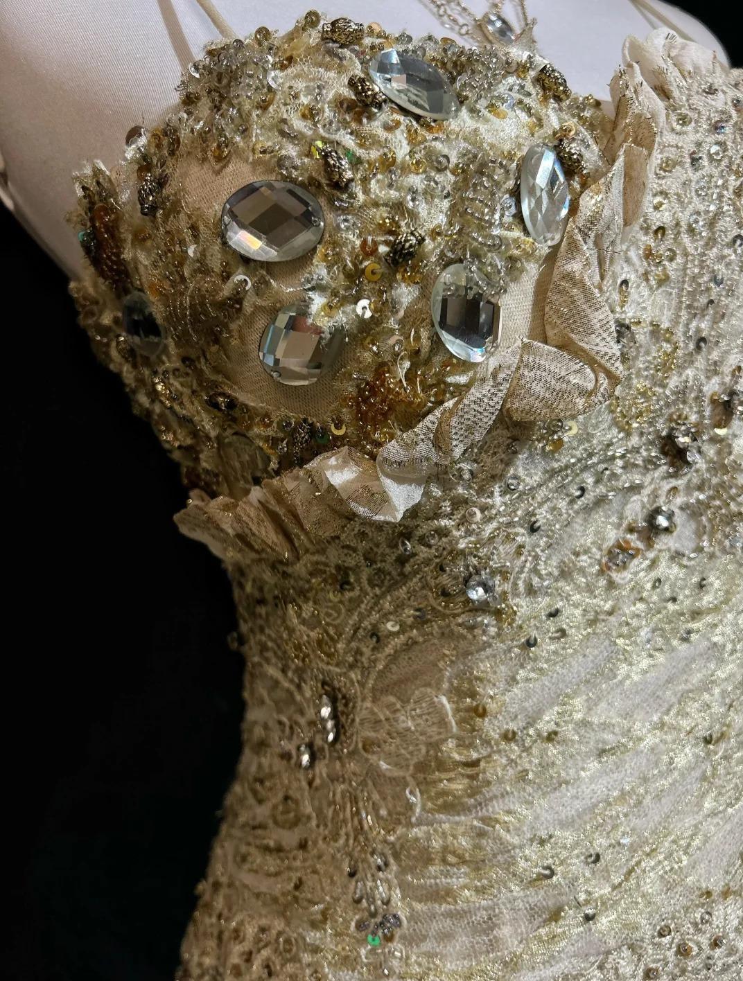 Gold A-Line Spaghetti Strap Satin Lace Long Prom Dress with Beaded Appliques ED01719