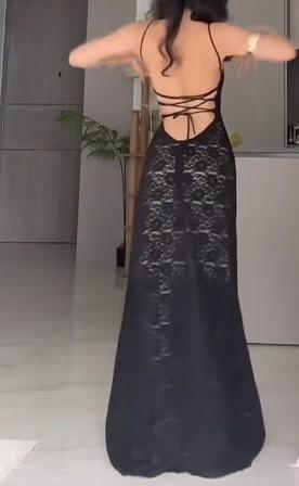 Black Bodycon Spaghetti Strap Chiffon Long Prom Dress Sexy Backless Evening Dress ED01722