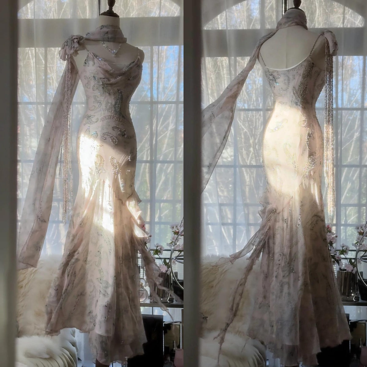 💕 Fairytale Pink Spaghetti Straps Mermaid Evening Gowns Vintage Elegant Beaded Silk Long Prom Dress Wedding Guest Outfits ED01724