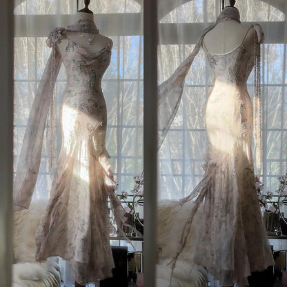 💕 Fairytale Pink Spaghetti Straps Mermaid Evening Gowns Vintage Elegant Beaded Silk Long Prom Dress Wedding Guest Outfits ED01724