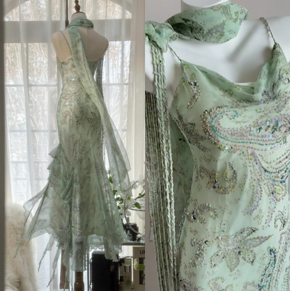 💕 Fairytale Pink Spaghetti Straps Mermaid Evening Gowns Vintage Elegant Beaded Silk Long Prom Dress Wedding Guest Outfits ED01724