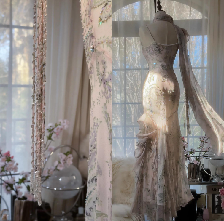 💕 Fairytale Pink Spaghetti Straps Mermaid Evening Gowns Vintage Elegant Beaded Silk Long Prom Dress Wedding Guest Outfits ED01724