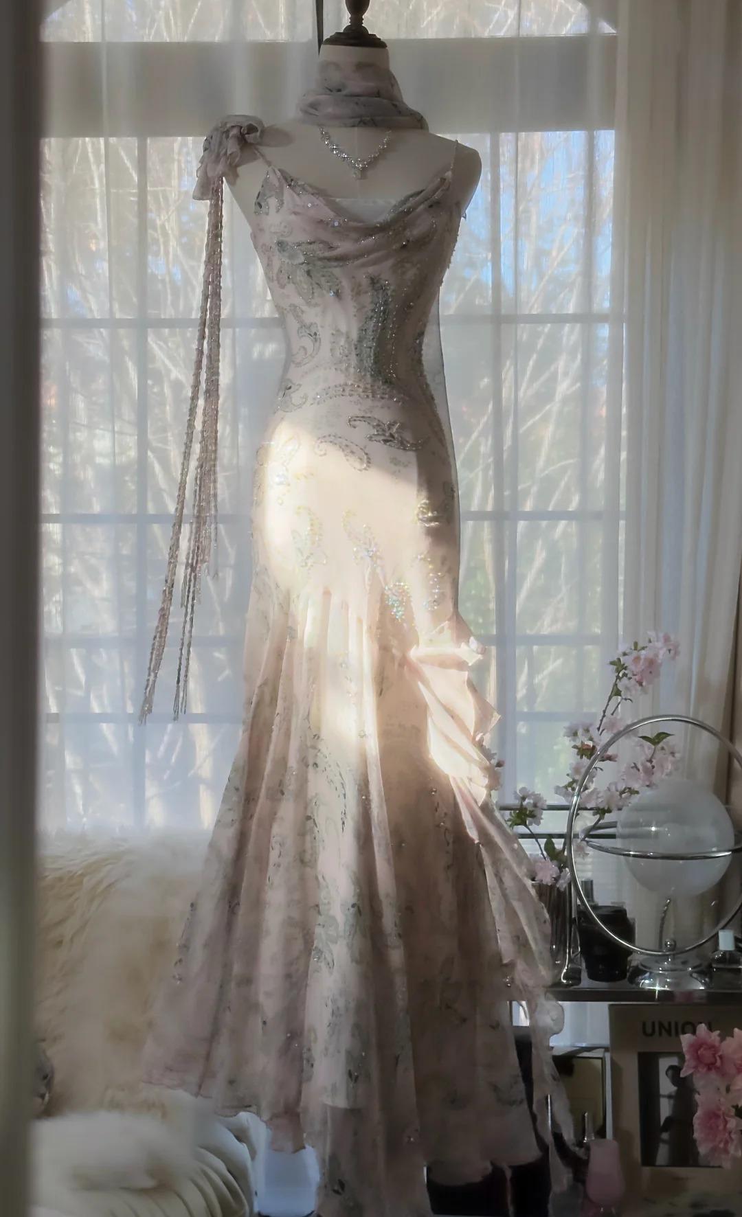 💕 Fairytale Pink Spaghetti Straps Mermaid Evening Gowns Vintage Elegant Beaded Silk Long Prom Dress Wedding Guest Outfits ED01724