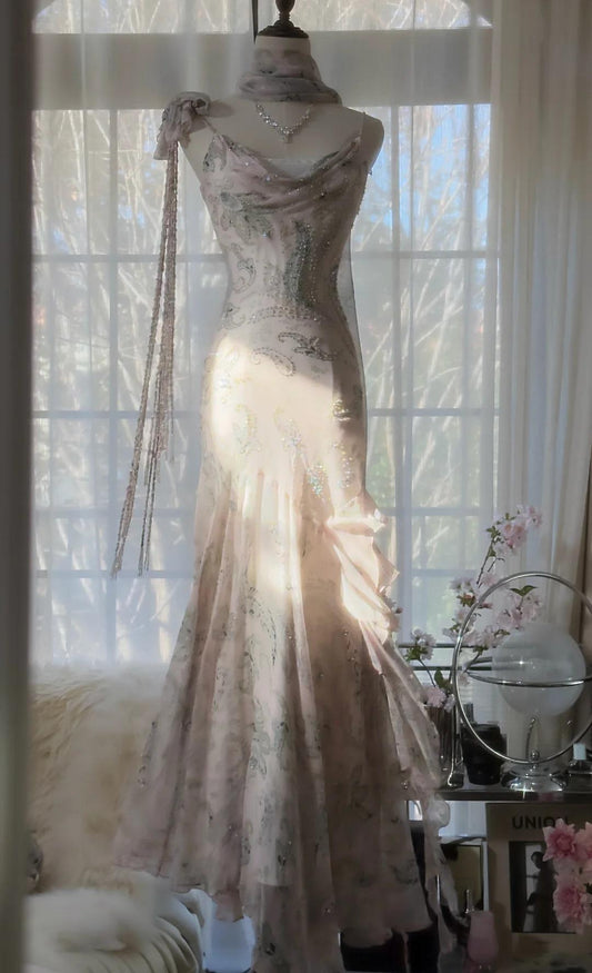 💕 Fairytale Pink Spaghetti Straps Mermaid Evening Gowns Vintage Elegant Beaded Silk Long Prom Dress Wedding Guest Outfits ED01724