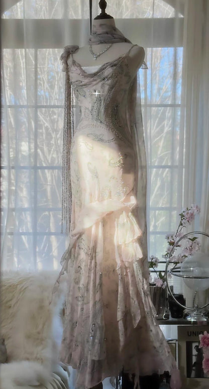 💕 Fairytale Pink Spaghetti Straps Mermaid Evening Gowns Vintage Elegant Beaded Silk Long Prom Dress Wedding Guest Outfits ED01724