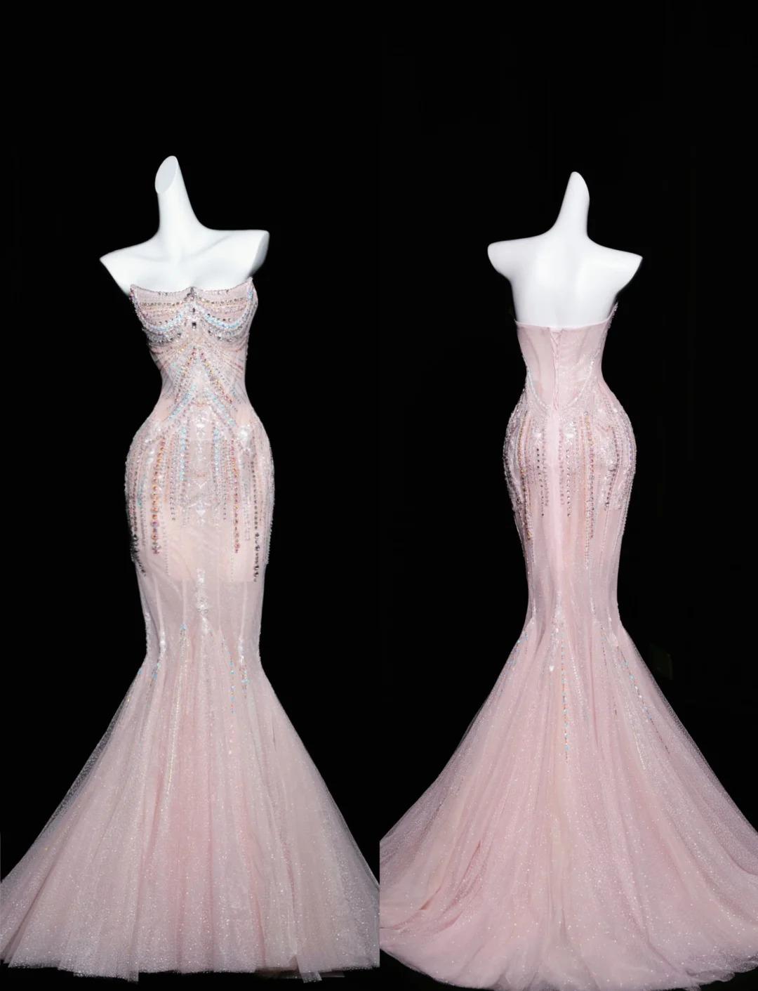 Pink Mermaid Strapless Tulle Diamond Long Prom Dress Sweet Wedding Dress Formal Dress ED01726