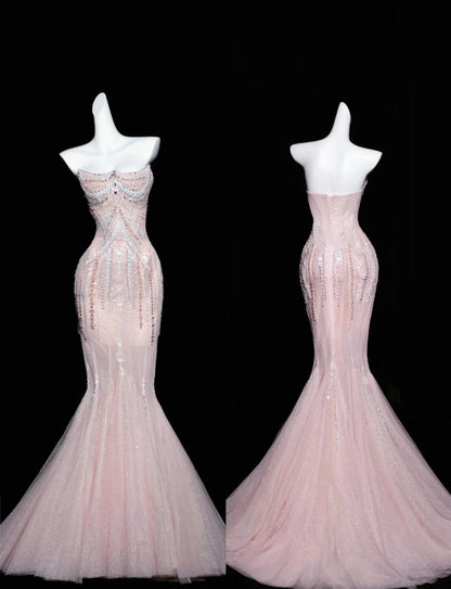 Pink Mermaid Strapless Tulle Diamond Long Prom Dress Sweet Wedding Dress Formal Dress ED01726