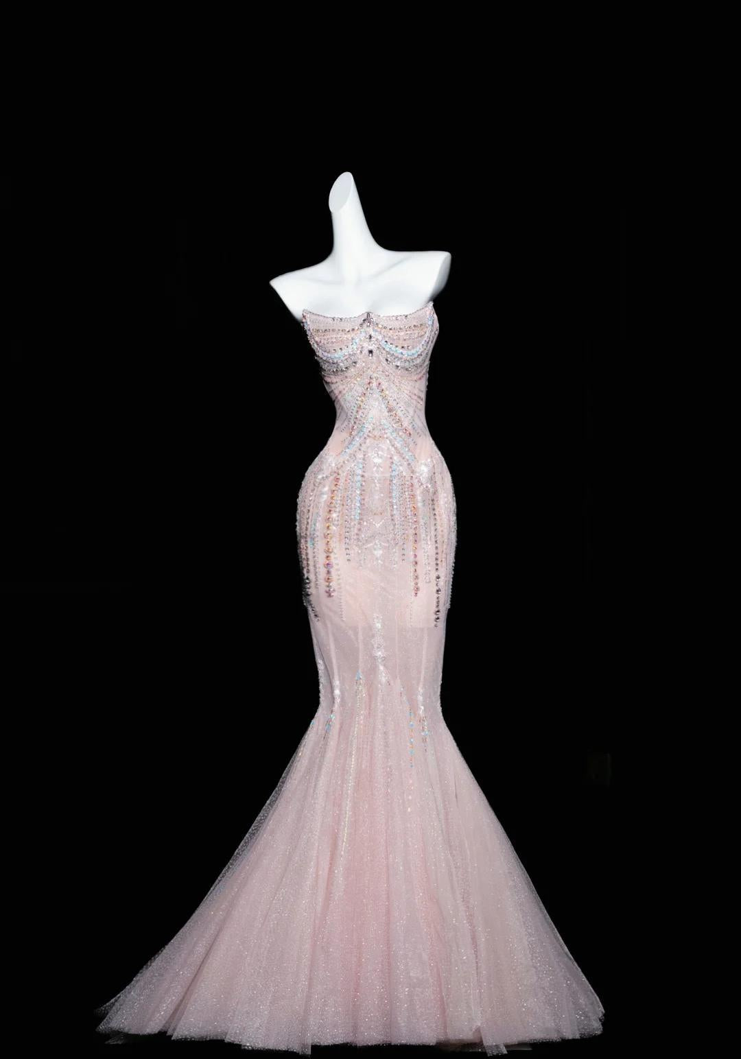 Pink Mermaid Strapless Tulle Diamond Long Prom Dress Sweet Wedding Dress Formal Dress ED01726