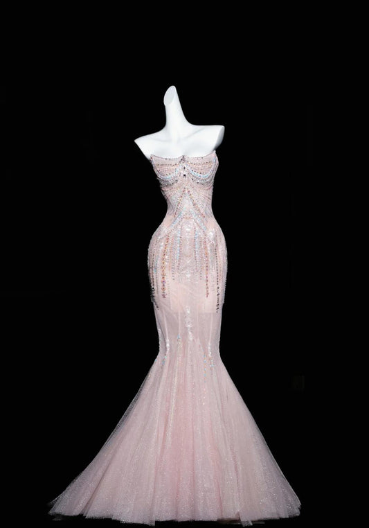 Pink Mermaid Strapless Tulle Diamond Long Prom Dress Sweet Wedding Dress Formal Dress ED01726