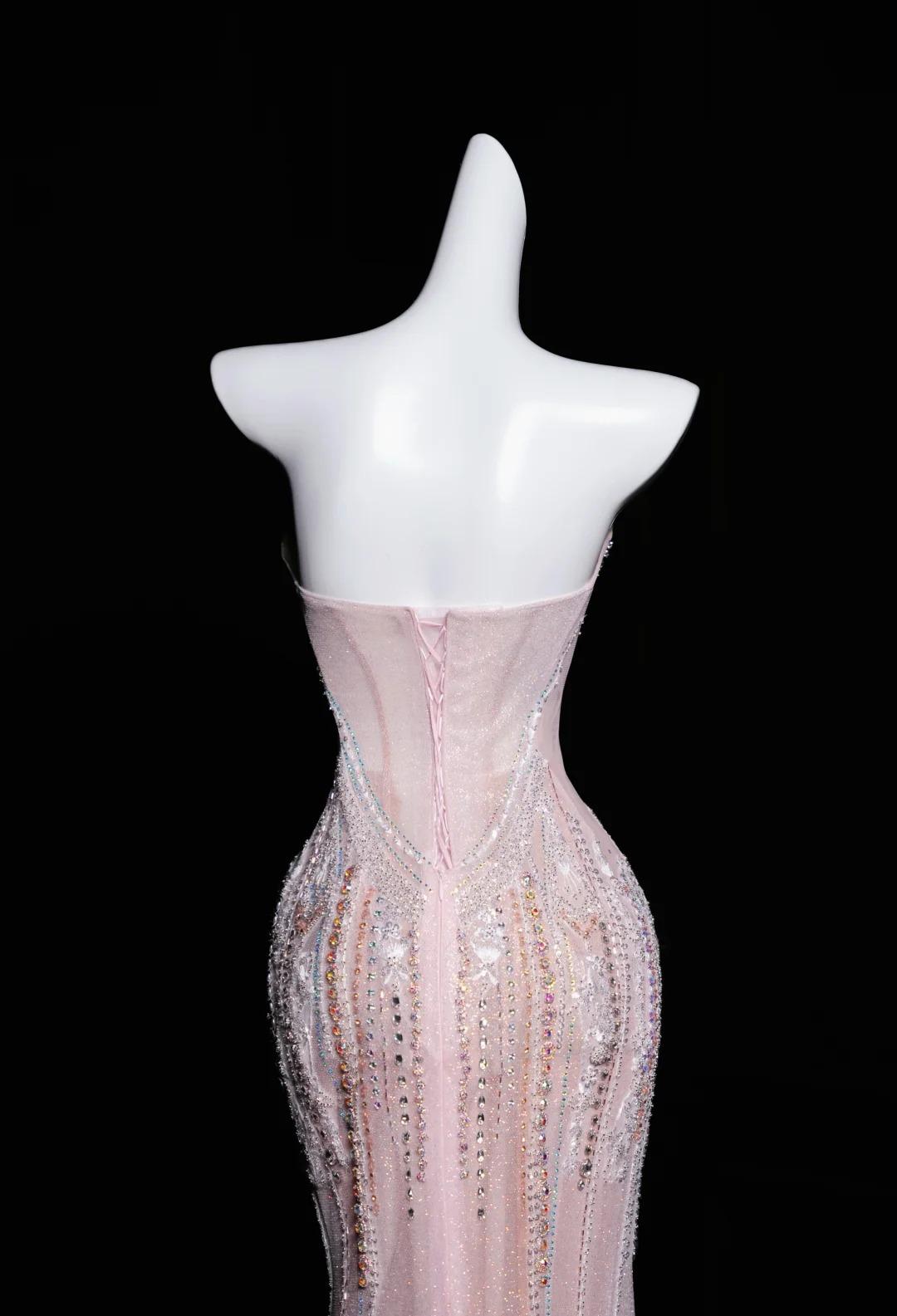 Pink Mermaid Strapless Tulle Diamond Long Prom Dress Sweet Wedding Dress Formal Dress ED01726