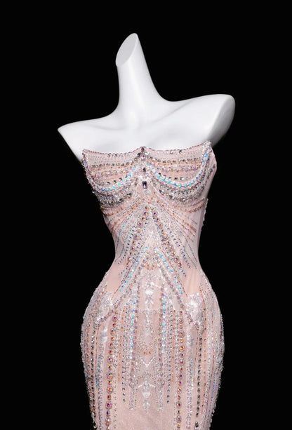 Pink Mermaid Strapless Tulle Diamond Long Prom Dress Sweet Wedding Dress Formal Dress ED01726