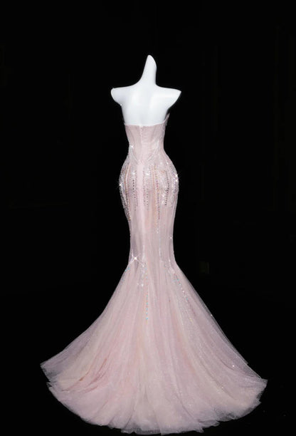Pink Mermaid Strapless Tulle Diamond Long Prom Dress Sweet Wedding Dress Formal Dress ED01726