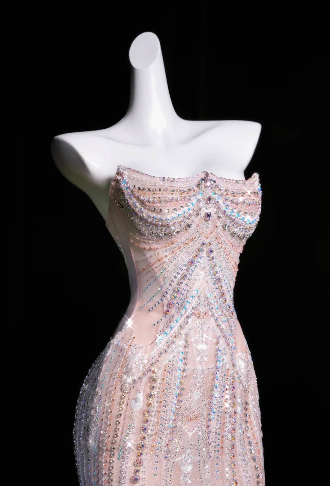 Pink Mermaid Strapless Tulle Diamond Long Prom Dress Sweet Wedding Dress Formal Dress ED01726