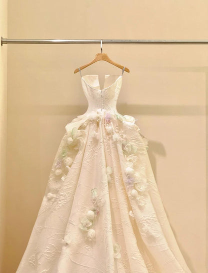 A-Line Spaghetti Strap Satin Long Prom Dress, Beautiful Applique Wedding Dress ED01729