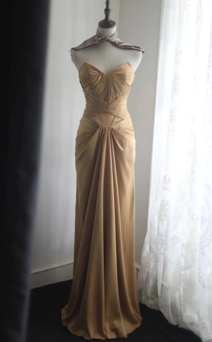 Mermaid Gold Strapless Satin Long Prom Dress Simple Evening Dress ED01730