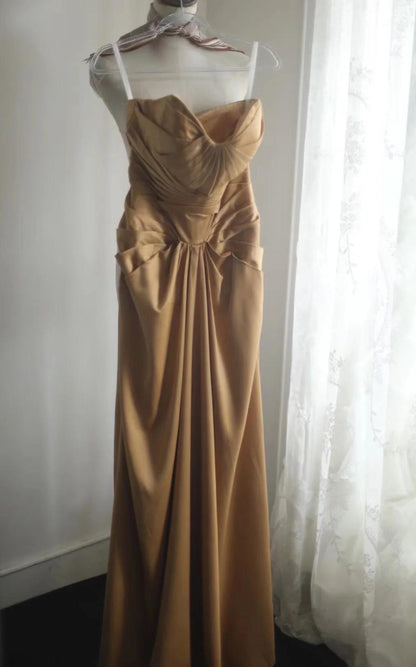 Mermaid Gold Strapless Satin Long Prom Dress Simple Evening Dress ED01730