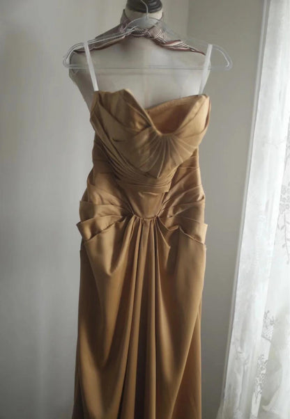 Mermaid Gold Strapless Satin Long Prom Dress Simple Evening Dress ED01730