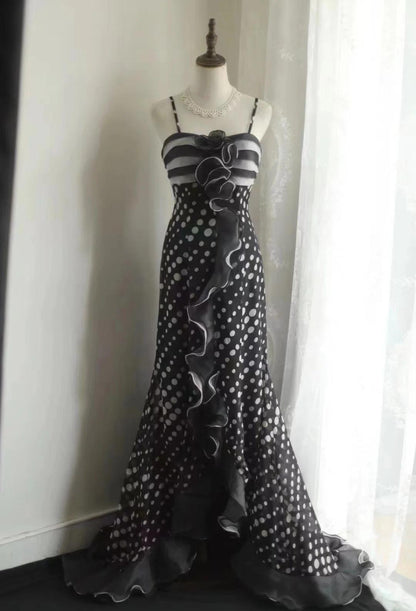 Mermaid Black Spaghetti Strap Chiffon Long Prom Skirt Polka Dot Evening Dress ED01731