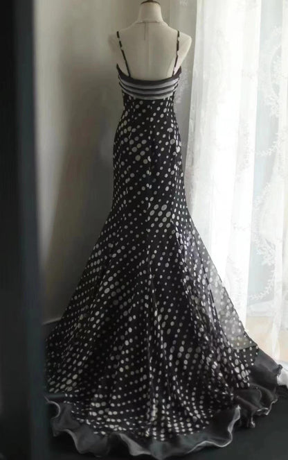 Mermaid Black Spaghetti Strap Chiffon Long Prom Skirt Polka Dot Evening Dress ED01731