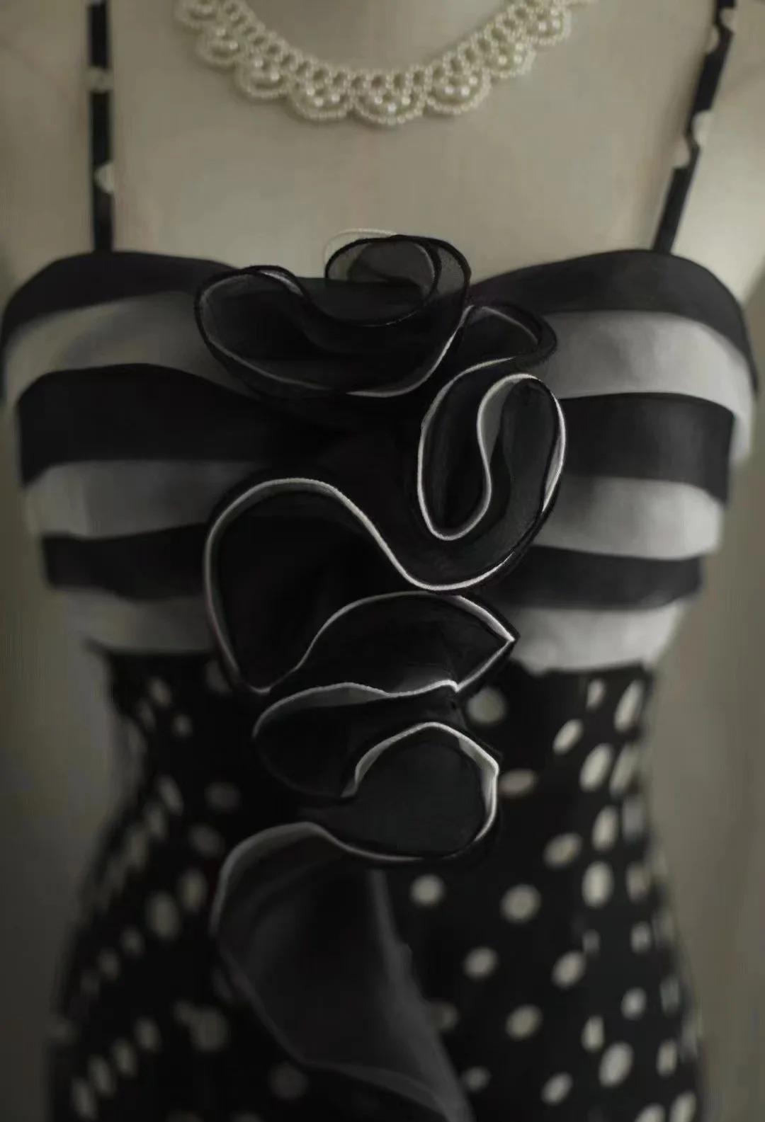 Mermaid Black Spaghetti Strap Chiffon Long Prom Skirt Polka Dot Evening Dress ED01731