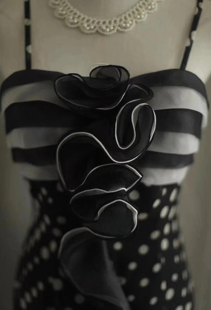 Mermaid Black Spaghetti Strap Chiffon Long Prom Skirt Polka Dot Evening Dress ED01731