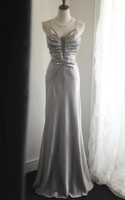 Silver Meimaid Satin Spaghetti Straps Beaded Long Prom Dress Sweetheart Neckline Formal Evening Dress ED01732