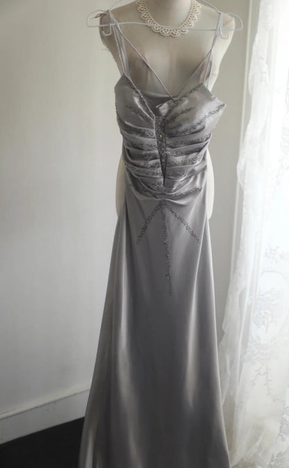 Silver Meimaid Satin Spaghetti Straps Beaded Long Prom Dress Sweetheart Neckline Formal Evening Dress ED01732