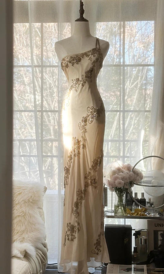 Champagne Retro Chiffon Sheath Party Dress One Shoulder Beaded Long Prom Dress ED01733
