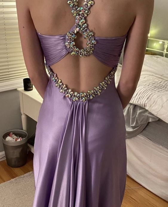 Glamou Purple 💜Satin Beaded Backless Long Prom Dress for Party&Birthday,Elegant Wedding Guest Outfits ED01736