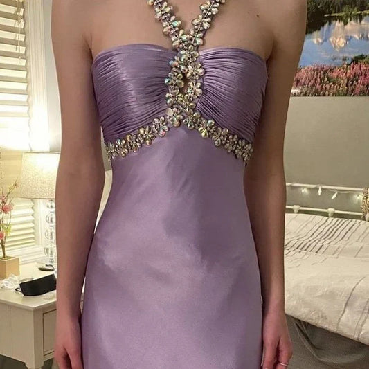 Glamou Purple 💜Satin Beaded Backless Long Prom Dress for Party&Birthday,Elegant Wedding Guest Outfits ED01736