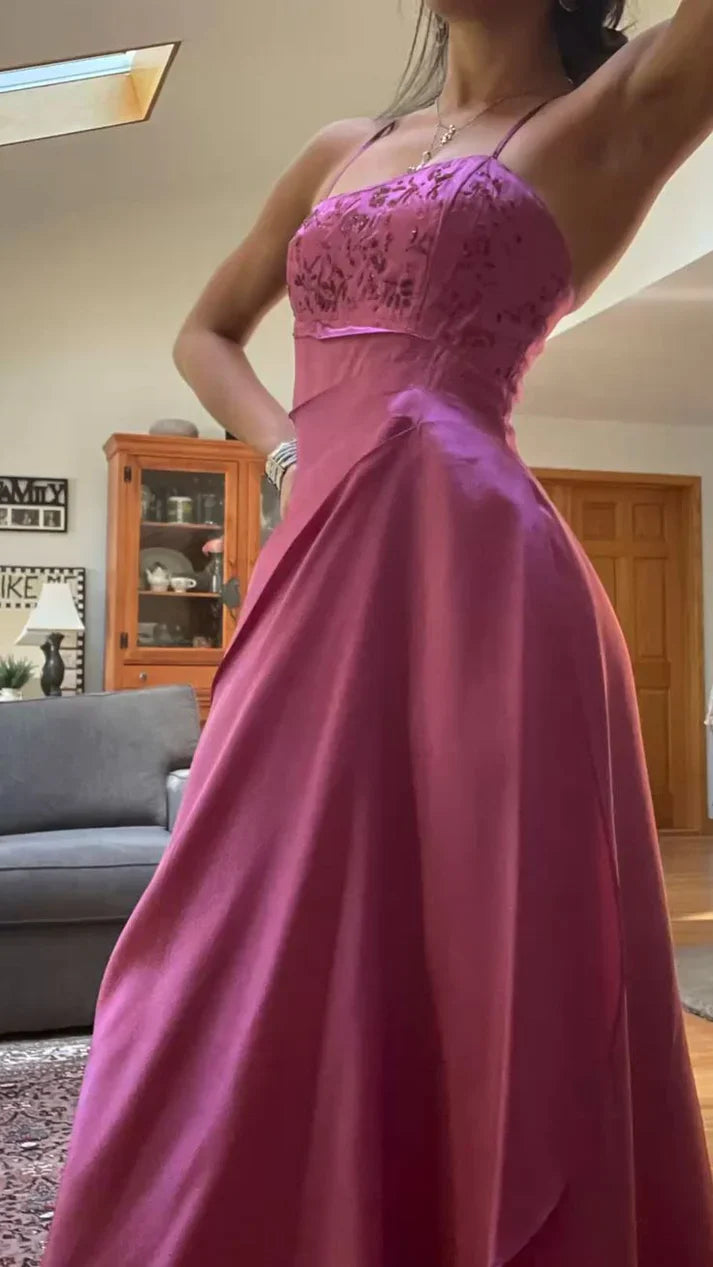 Elegant Spaghetti  Straps A-Line Fuchsia Beaded Satin Prom Dresses Gorgeous Party Dresses with Shawl ED01737