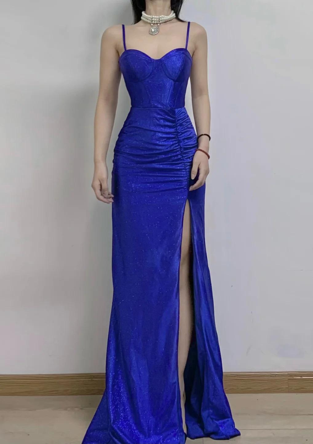 Klein Blue Elegant Spaghetti Straps Slit Long Prom Dress Charming Birthday Party Dress ED01738