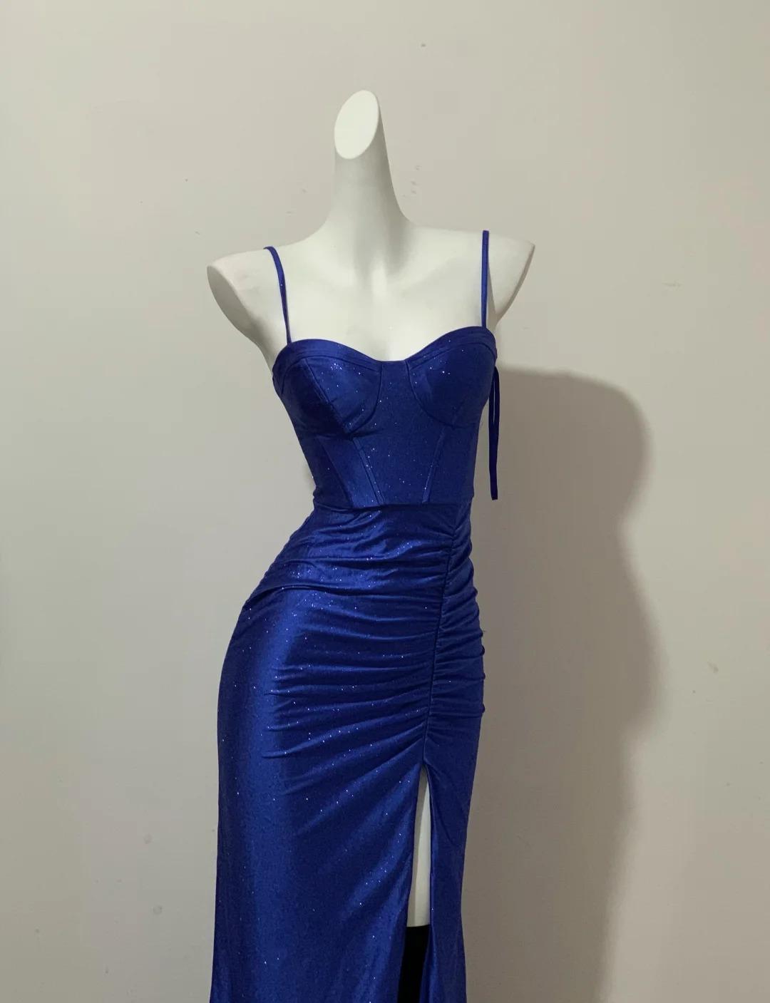 Klein Blue Elegant Spaghetti Straps Slit Long Prom Dress Charming Birthday Party Dress ED01738