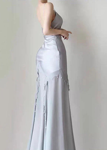 Retro Silver Mermaid Spaghetti Straps Satin Long Prom Dress Beaded Evening Dress ED01739