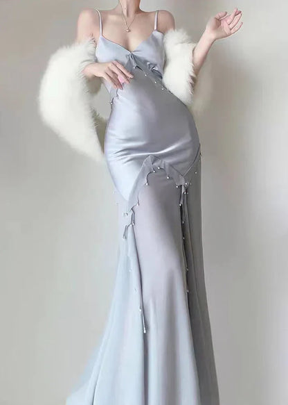 Retro Silver Mermaid Spaghetti Straps Satin Long Prom Dress Beaded Evening Dress ED01739