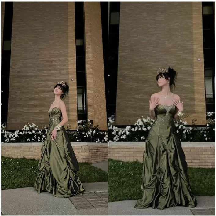 💚Pretty Forest Green A-Line Long Prom Dresses With Silver Beads Sweet Strapless Satin Evening Dresses ED01741