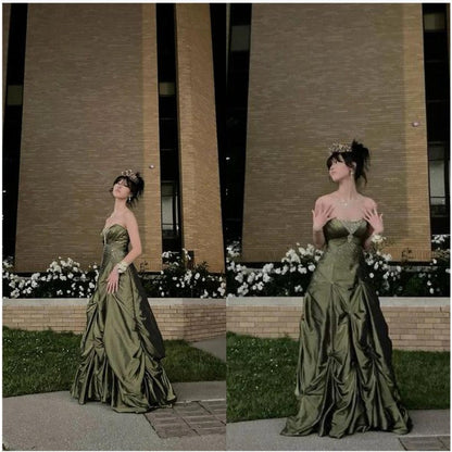 💚Pretty Forest Green A-Line Long Prom Dresses With Silver Beads Sweet Strapless Satin Evening Dresses ED01741