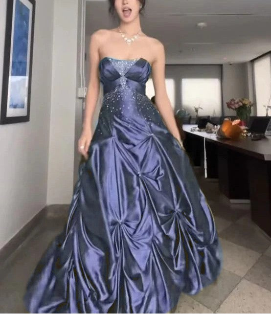 💚Pretty Forest Green A-Line Long Prom Dresses With Silver Beads Sweet Strapless Satin Evening Dresses ED01741