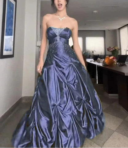 💚Pretty Forest Green A-Line Long Prom Dresses With Silver Beads Sweet Strapless Satin Evening Dresses ED01741