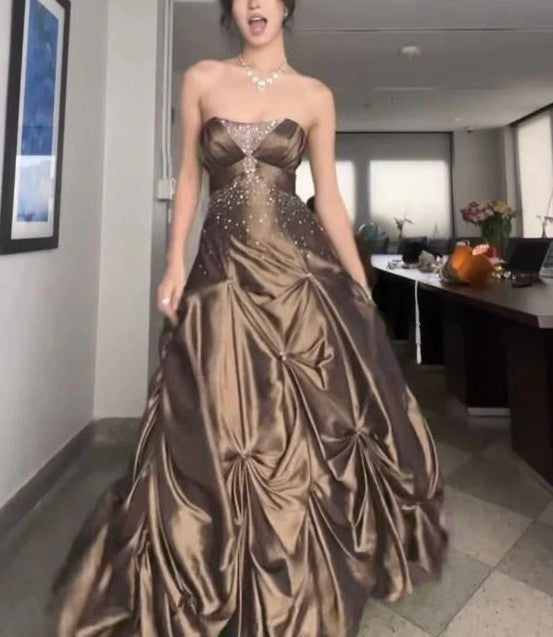 💚Pretty Forest Green A-Line Long Prom Dresses With Silver Beads Sweet Strapless Satin Evening Dresses ED01741